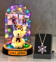 Kişiye Özel Renkli Led Işıklı Fanus ve Gerçek Ametist Taşlı Lotus Kolye (Model 2)