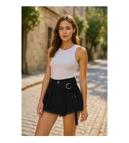 Kadın Yüksek Bel Kemerli Jean Şort Etek
