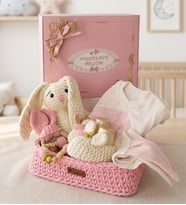 Premium Kişiye Özel İsimli Hediye Kutusunda El Emeği Örgü Sepette Sevimli Tavşan Temalı Tulum ve Amigurumi Ürünlerden Oluşan Yenidoğan Kız Bebek Hediye Seti