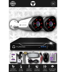 TURKNO 2 Kameralı Galia 2 Dış Kamera Set 1 TB HDD Full HD Gece Görüşlü Güvenlik Kamerası Sistemi