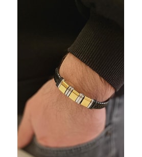 Siyah&Altın Renk Deri ve Kararmaz Çelik Mixli Erkek Bileklik 21 cm