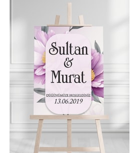 Söz Nişan Düğün İçin 50x70 Karşılama Panosu - Mor Gül Tasarımlı