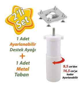 Destek Ayağı 9,5-14,5 cm Beyaz ve Metal Düz Ayak Tabanı M8 Civatalı İnce Diş Mobilya Kanepe Baza Koltuk Seti