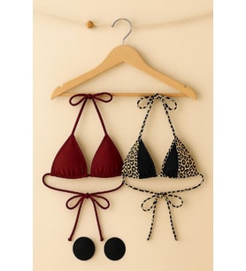 Kadın Leopar Desenli ve Bordo Minimal Kesim Üçgen Bikini Üstü