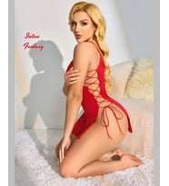 Intive Fantasy Yanları Tamamen Açık Bağlamalı V Yaka Mini Sade Gecelik (Kırmızı)