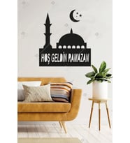 Hoşgeldin Ramazan Temalı Ahşap Duvar Dekorasyonu - Kolay Montaj- 36x33 cm (Siyah)