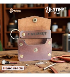 Destina Ahşap Koyu Kahve- Hakiki Deri Kişiselleştirilebilir Kartlık ve Anahtarlık Set