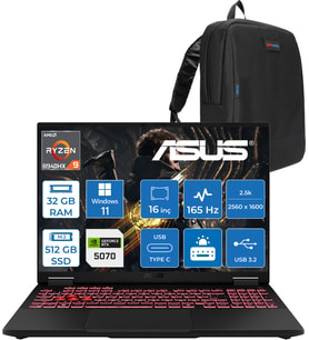 Asus Tuf Gaming A16 FA608PP Amd Ryzen 9 8940HX Aı 32GB Ddr5 512GB SSD 8GB/RTX5070 115W 165Hz 16"wqxga 2.5k 400NITS IPS Windows 11 Home Gaming Bilg. WQT060H07+ZETTAÇANTA