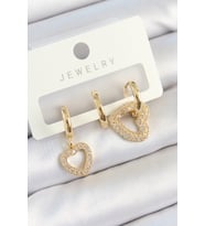 Pirinç Zirkon Taşlı Kalp Model Gold Renk 3'lü Çift Kadın Küpe Set - TJ-BKP10825