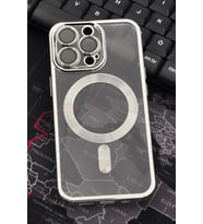 iPhone 13 Pro Uyumlu MagSafe Özellikli Gümüş Gri Silver Renkli Kenarlı Lazerli Şeffaf Kılıf Lens Korumalı (Renksiz)