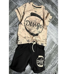 Erkek Çocuk Daire ve Design Baskılı Kısa Kol Siyah Şortlu Takım