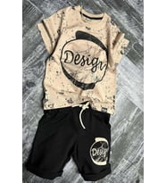 Erkek Çocuk Daire ve Design Baskılı Kısa Kol Siyah Şortlu Takım