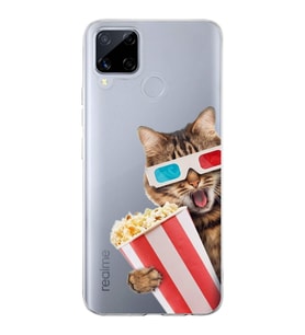 PrintiFy Realme C15  ile Uyumlu 1mm Slim Fit Kedi 1 050b Baskılı Şeffaf  Kılıf
