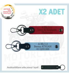 Biker Stiline Özel, İsim Plaka ve A+ Kan Grubu Yazılı Anlamlı Motor x2 Anahtarlık, Kırmızı-Mavi-Syh