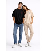 Sevgili Kombini Ateş Su Minimal Çift Tişört Oversize Unisex Partner Kombin Seti (Bej)