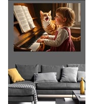 Piyano Çalan Küçük Kız Ve Kedi Dekoratif Kanvas - Mdf Ahşap Tablo