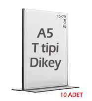 A5 T-Tipi Dikey Şeffaf   Föylük Menü Broşür Etiket Fotoğraflık Albüm Stand Sehpa (10 Adet) (Krem)