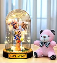 Kişiye Özel Led Işıklı Biblolu Fanus ve Pembe Peluş Ayıcıklı Anahtarlık (Model 9)