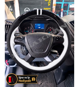 Ford Tourneo Custom Dikme Direksiyon Kılıfı Parlak Siyah Beyaz Detaylı Beyaz Çift Yüzük ve Dikiş 2014+