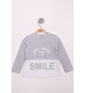 Toontoy Kız Çocuk Kareli Kumaşlı Smile Baskılı T-Shirt ( Gri-Melanj)
