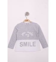Toontoy Kız Çocuk Kareli Kumaşlı Smile Baskılı T-Shirt ( Gri-Melanj)