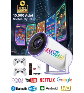 Taşınabilir 720P Sinema Projektörü, Wi-Fi, Bluetooth 5.0, Ekran Yansıtma, 10.000 Oyun, Kablosuz Joystick