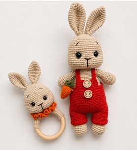 Kırmızı Tulumlu Havuçlu Sempatik Tavşan Uyku Arkadaşı ve Çıngırak Takımı Amigurumi Organik Oyuncak