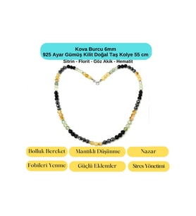 SERTİFİKALI Kova Burcu 6mm 925 Ayar Gümüş Doğal Taş Kolye 55 cm