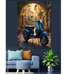 Mavi Klasik Scooter'Le Şirin Sokak Manzarası Dekoratif Kanvas - Mdf Ahşap Tablo