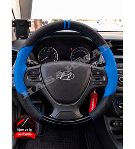 Hyundai i20 Active Dikme Direksiyon Kılıfı Delikli Deri Parlak Siyah Mavi Detay Çift Yüzük ve Dikiş 2015-2020