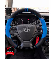 Hyundai i20 Active Dikme Direksiyon Kılıfı Delikli Deri Parlak Siyah Mavi Detay Çift Yüzük ve Dikiş 2015-2020