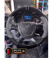 Ford Transit Custom Dikme Direksiyon Kılıfı Delikli Deri Parlak Siyah Gri Detay Çift Yüzük ve Dikiş 2014+
