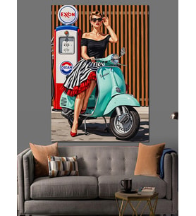 Scooter Kullanan Pinup Kadın Dekoratif Kanvas - Mdf Ahşap Tablo