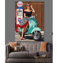Scooter Kullanan Pinup Kadın Dekoratif Kanvas - Mdf Ahşap Tablo