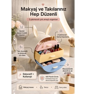 Pastel Renkli 3 Çekmeceli Tavşan Kulaklı Masaüstü Makyaj ve Takı Organizeri