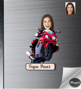 Kişiye Özel Motorcu Kadın Ahşap Magnet -5