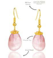 Sertifikalı Amorf Model Ham Pembe Kuvars Taşı Küpe - Gold Renkli