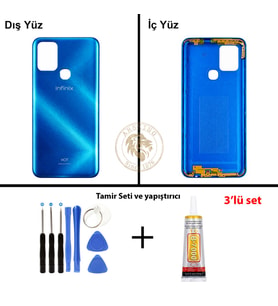 Infinix Hot 10 Mavi Uyumlu Arka Kapak + Yapıştırıcı ve Vida Seti Arka Cam Batarya Pil Kapağı
