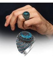 Oval Aqua Mavi Taşlı 925 Gümüş Erkek Yüzük