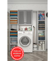 Kenzlife membran çamaşır makinesi dolabı sinemmega gribyz panjur 180*156*30 mebran kapak suntalam gövde kapaklı arkalıklı raflı (Beyaz-Gri)