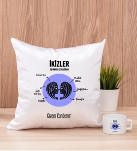 Kişiye Özel İkizler Burcuna Hediye Kare Yastık ve Fincan