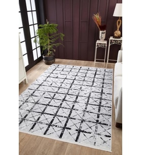 Modern Siyah Ekru Geometrik Desenli Salon Halısı Yıkanabilir Dijital Baskı Düz Dokulu