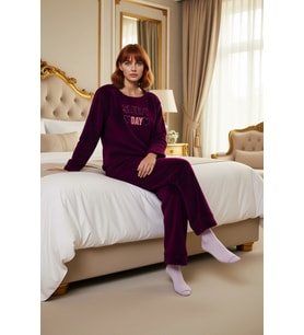 Kadın Mürdüm Nakışlı Wellsoft Pijama Takımı Fonksiyonel Dayanıklı Kaliteli Konforlu Modern