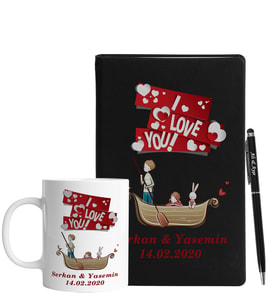 Sevgililer Gününe Özel Siyah Defter Kalem & Kupa Hediye Seti 9