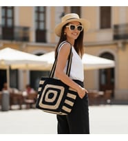 ChicLookDesign Siyah&Bej Çizgili Hasır Plaj/Günlük Çanta (Ekru-Siyah)