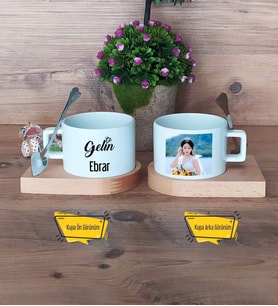 Gelin Kupa Bardak Ahşap Altlıklı Kısa Fotoğraflı Düğün Hediyesi