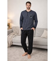 Falkom 7008 İnterlok Kışlık Ekose Pijamalı Erkek Pijama Takımı (İndigo)