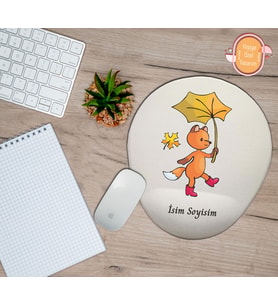 Kişiye Özel Yaprak Şemsiyeli Süslü Tilki Temalı Mouse Pad Bilek Destekli