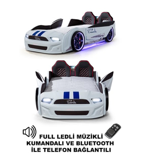 Beyaz Arabalı Yatak Kapıları Açılan Mustang Full Ledli Kumandalı ve Müzikli