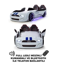 Beyaz Arabalı Yatak Kapıları Açılan Mustang Full Ledli Kumandalı ve Müzikli